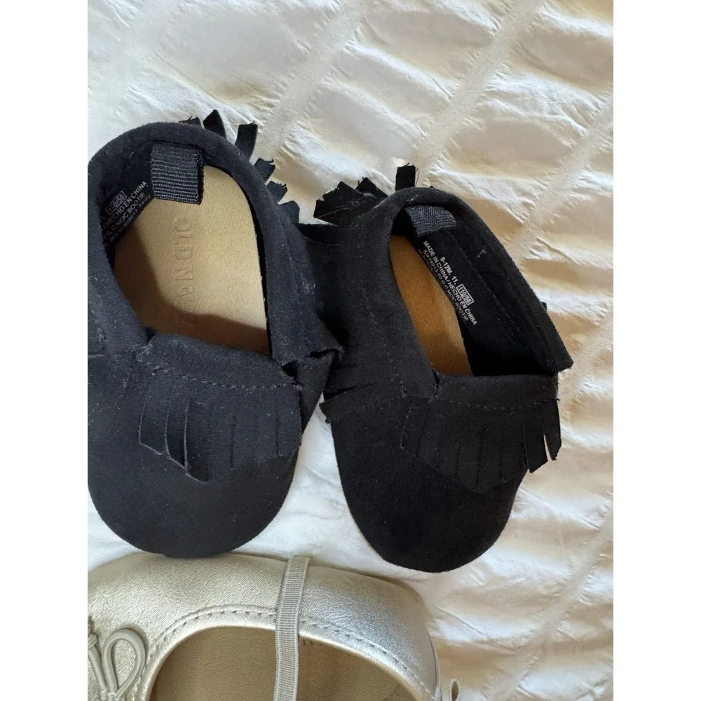 Lot Of 2- Baby Girl Slip On Shoes- Black moccasin, Gold Ballet Flats 6-12 Months
